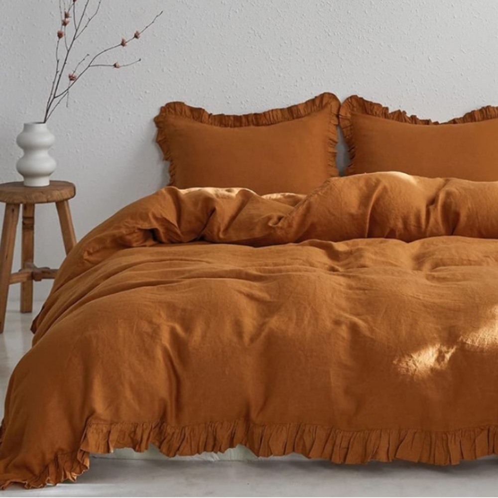 🆕 Linen Duvet Set King Amber Luxury Golden Brown Rust